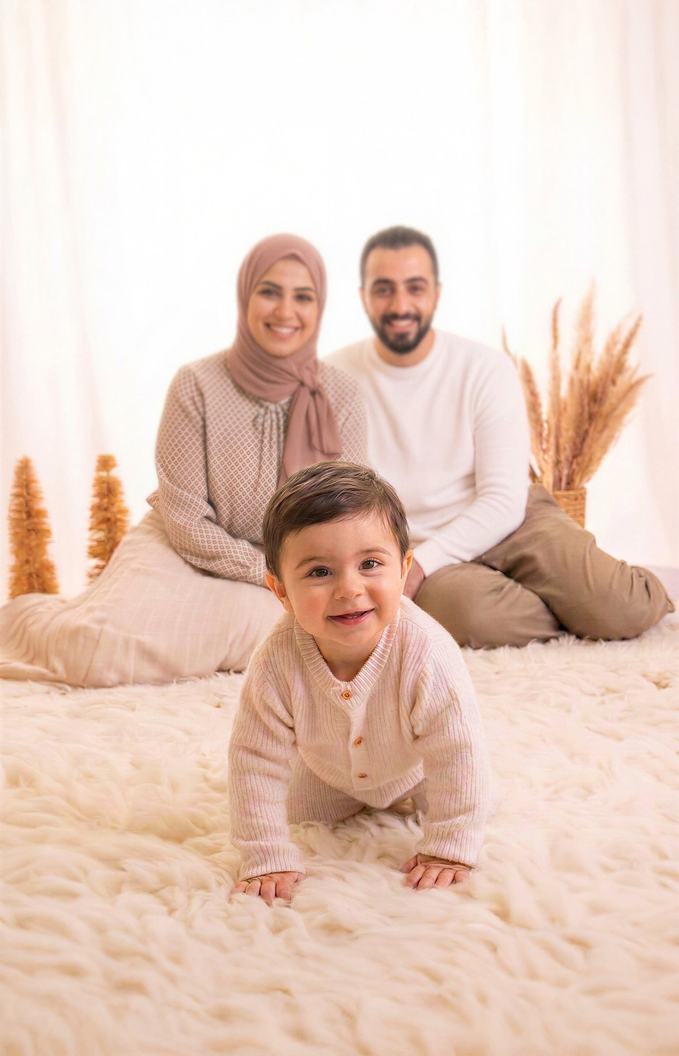 Mother and father smiling behind their crawling baby