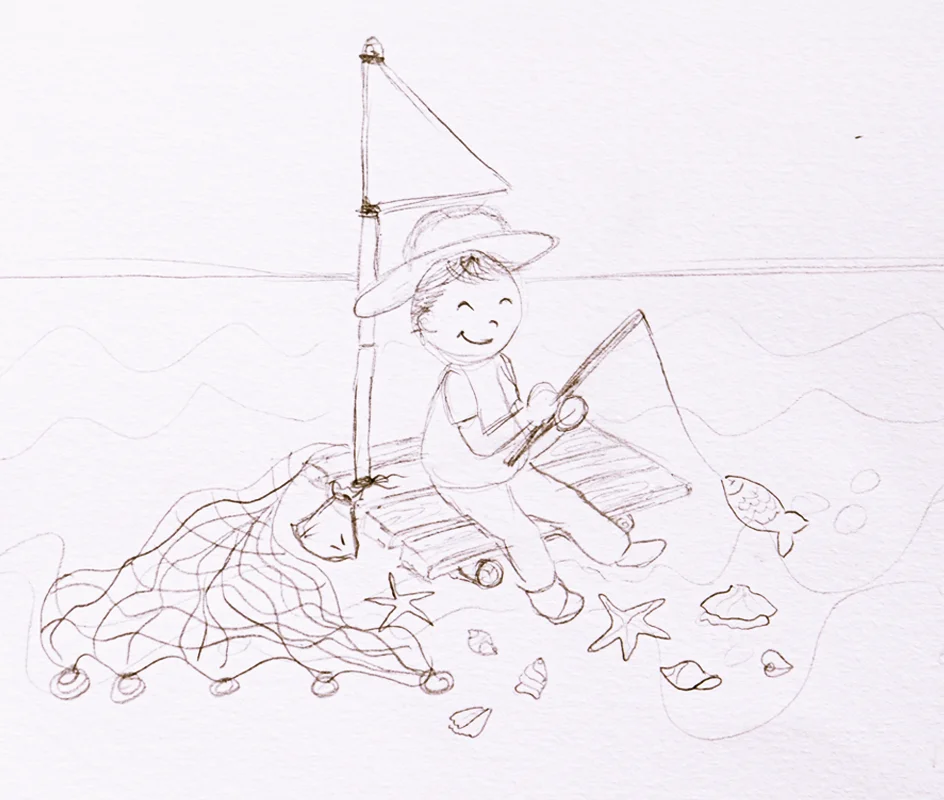 a sketch of an imagined photo for the baby photography setup of a beach backdrop and a floating boat prop with some decorative seashells and starfishes and the baby holding a hook that has fished a fish toy with it 