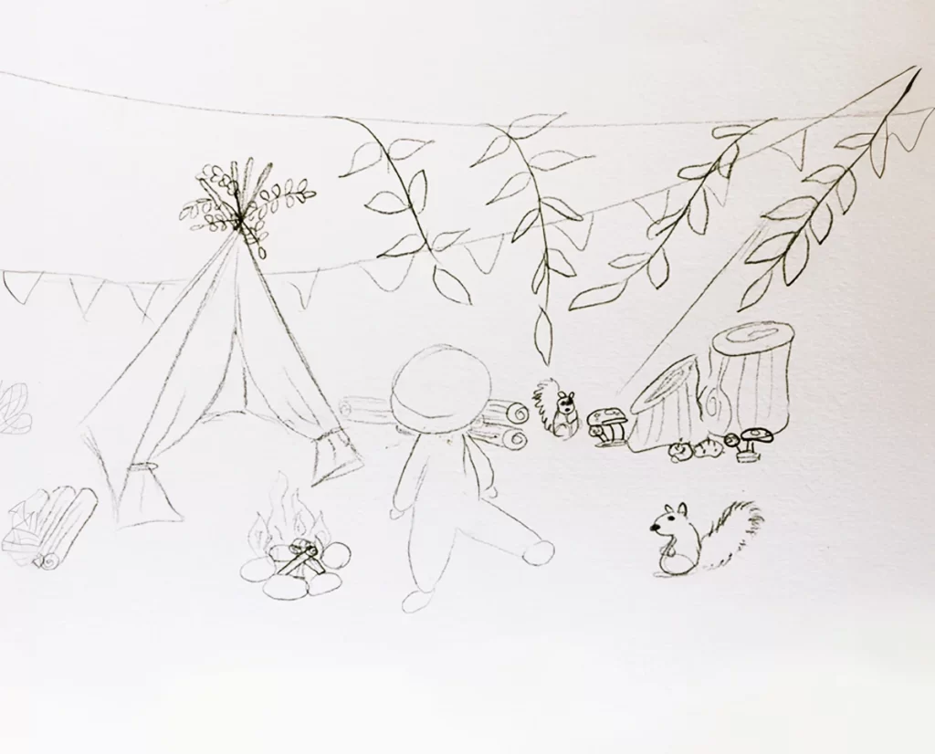 a sketch for a baby photography forest setup that has a forest backdrop with a camping tent and an artificial campfire with some tree tanks and squirrel toys and decorative mushrooms 