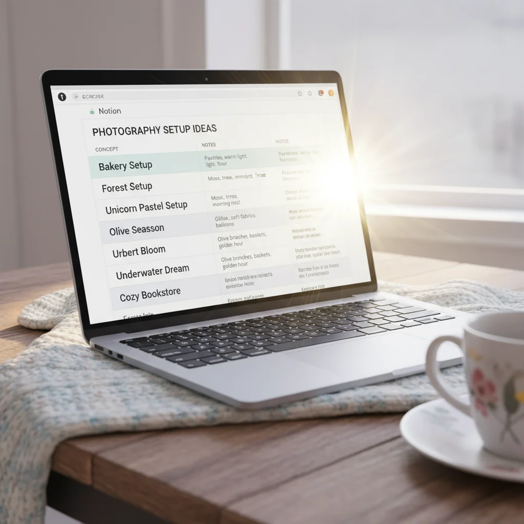 a laptop open on a notion page that contains a table for collecting baby photography setups ideas