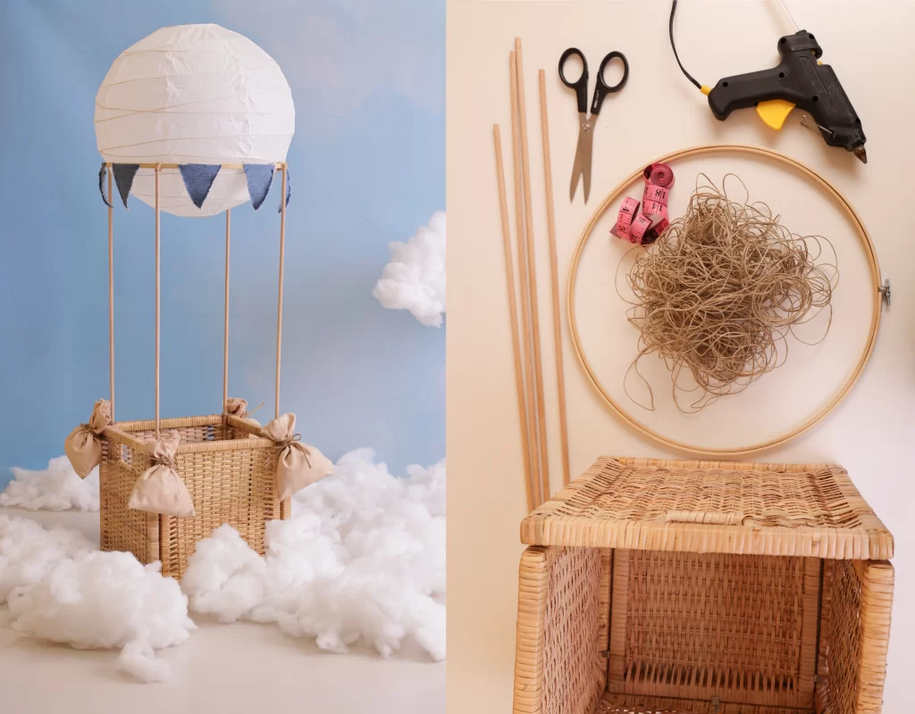 DIY a hot air balloon prop for a sky and clouds baby photography setup showing the material and tools of the making it from scratch 