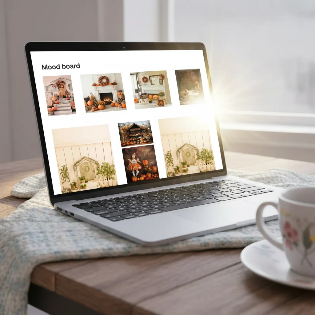 a laptop open on a notion page that contains a mood board that has many photos for baby photography setups 