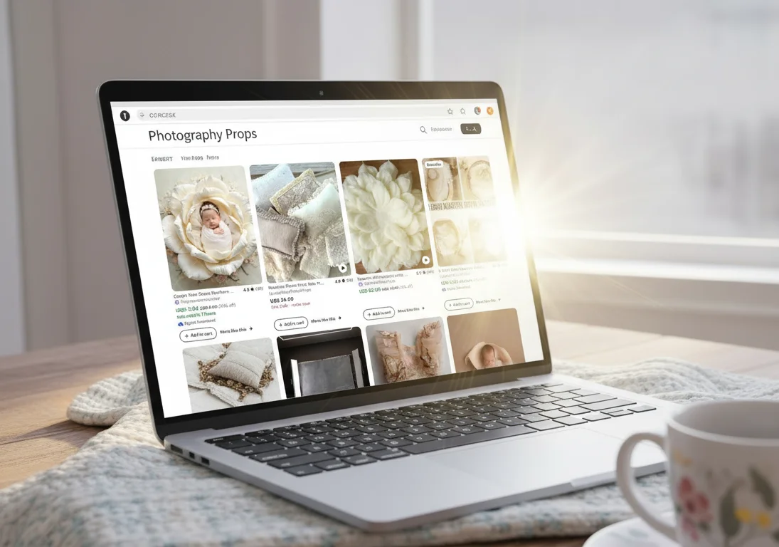 a laptop open on a baby photography prop shop website for online e-commerce 