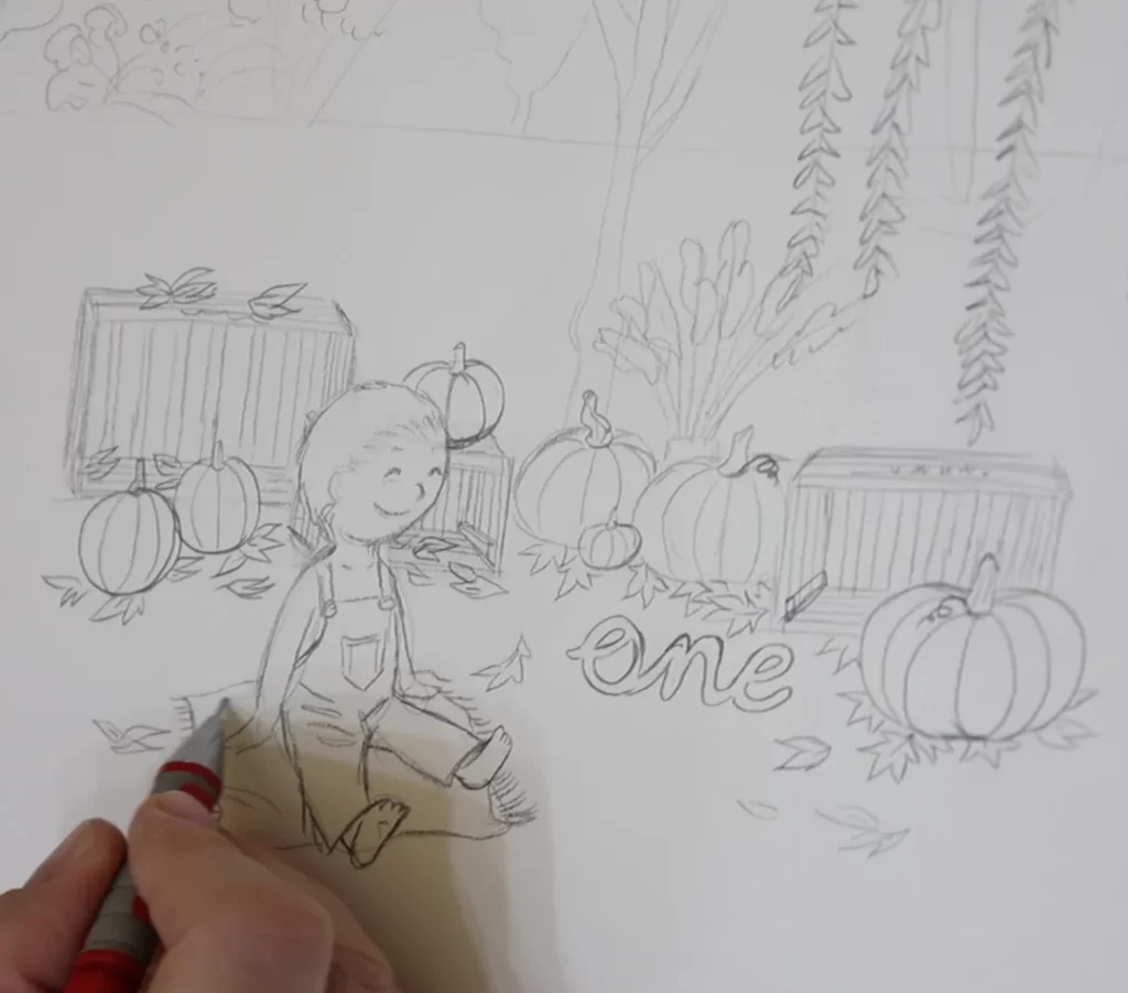 a sketch for visualizing an outdoor pumpkin patch setup for a first birthday baby photography photoshoot showing some wooden boxes with many pumpkins and dry Autumn leaves and the baby in the middle with a "one" wooden prop
