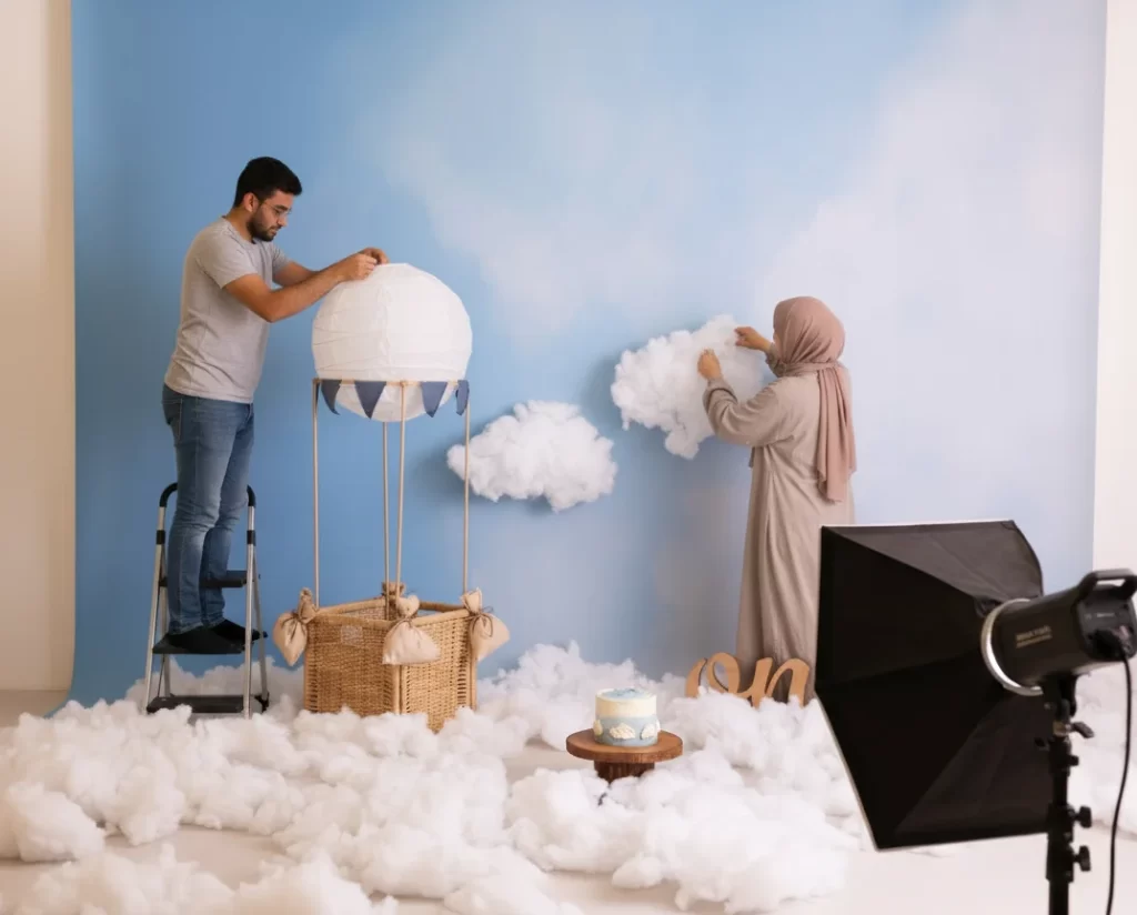 a photo shows assembling and building the baby photography setup of hot air balloon and sky and clouds for a boy cake smash 