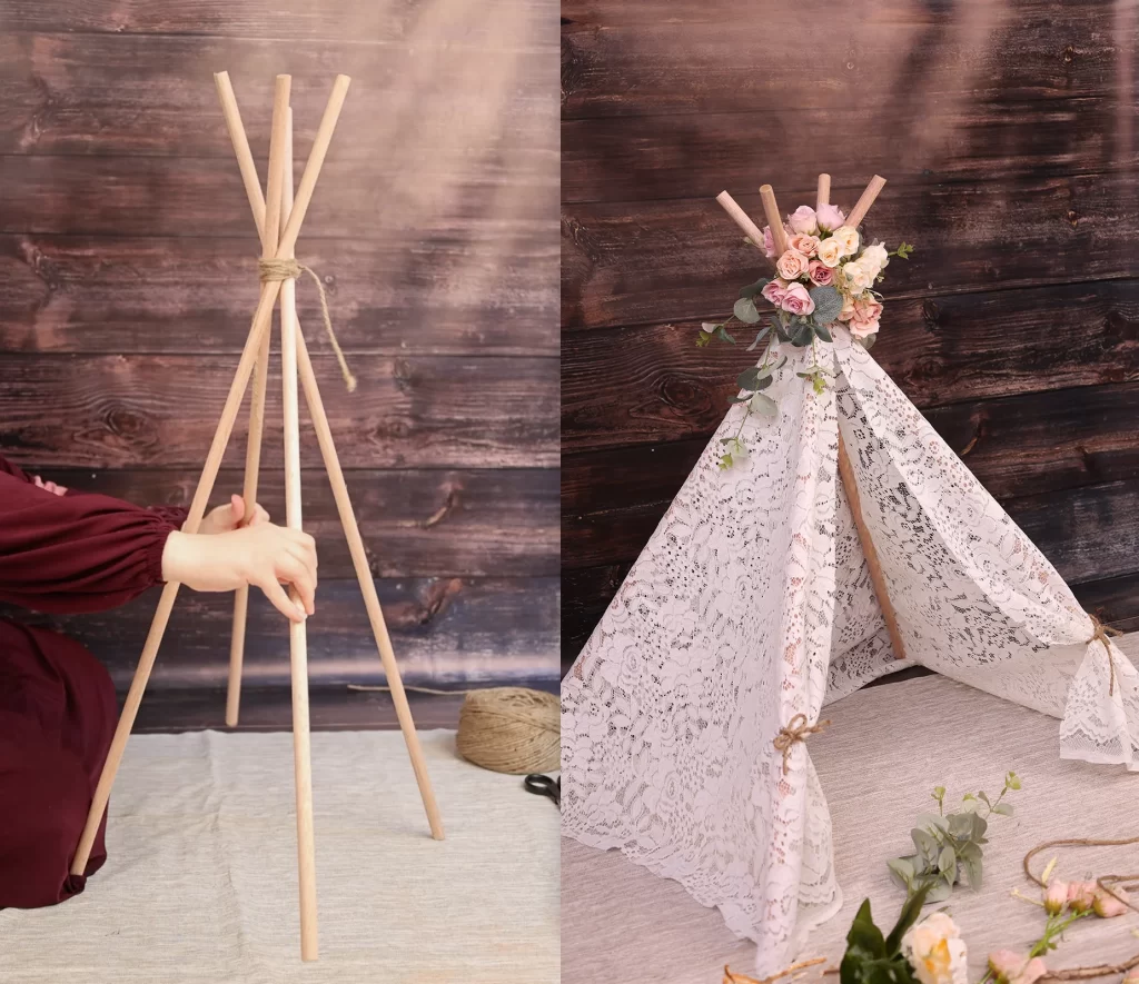 DIY teepee tent from scratch showing how to making it from wooden logs and lace textiles and decorating it with some artificial flowers and leaves 